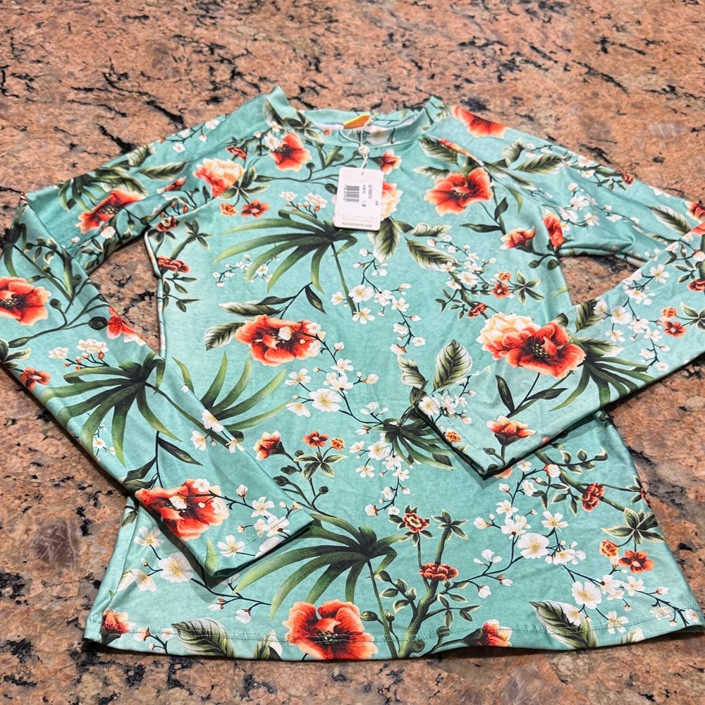 NWT Agua Bendita Blue Green Floral Top rash guard M